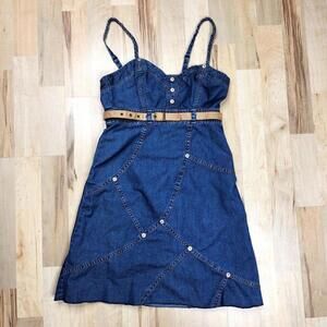 Guess Denim Mini Dress with Braided Straps and Tan Belt Button Front Sundress